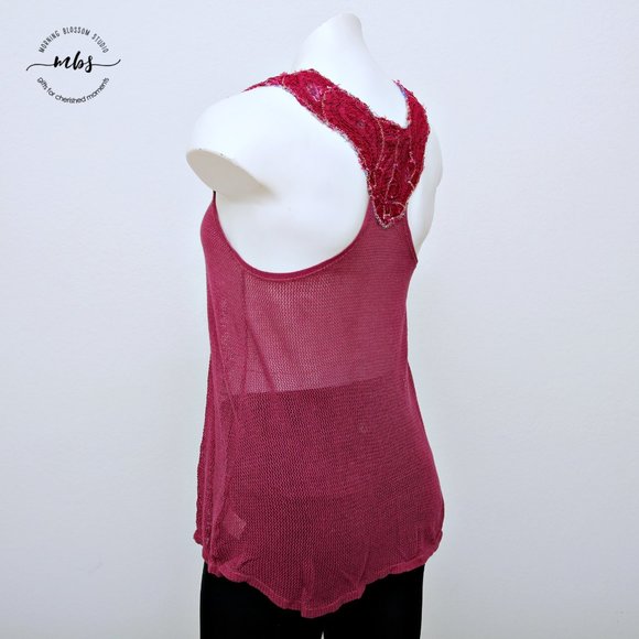 Free People Vintage Floral Laced Trim Sheer Mesh Sleeveless Round Neck Top - Picture 7 of 16